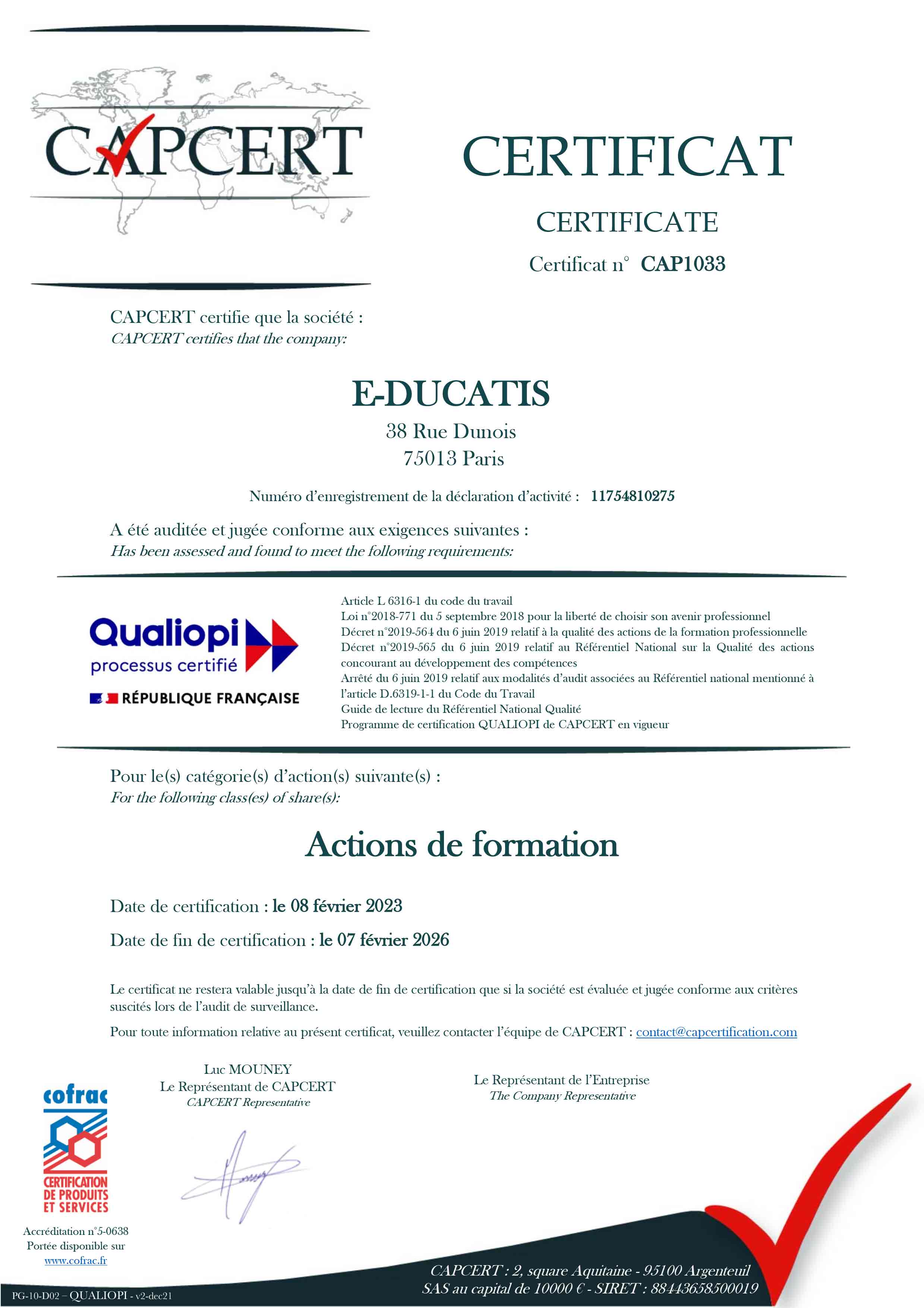 Certificat Qualiopi Actions de Formation E-ducatis par Capcert