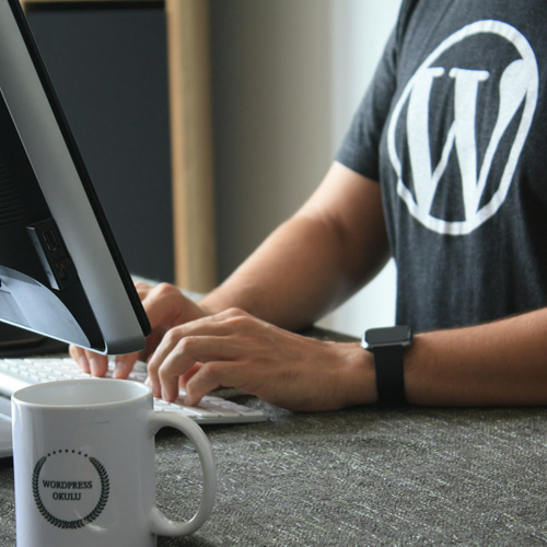 Un homme avec un t-shirt au logo de WordPress travaille devant son ordinateur